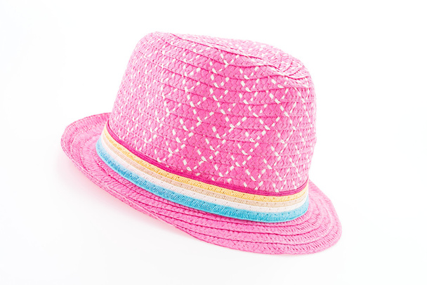 Chapéu de palha rosa isolado no fundo branco
 - Foto, Imagem