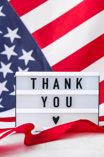 American flag. Lightbox with text THANK YOU Flag of the united states of America. July 4th Independence Day. USA patriotism national holiday. Usa proud. Freedom concept - Foto, Imagem