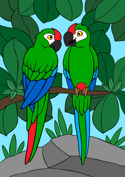 Cartoon birds. Two cute happy parrots green macaw sit on the tree branch. They are in love. - Vektor, obrázek