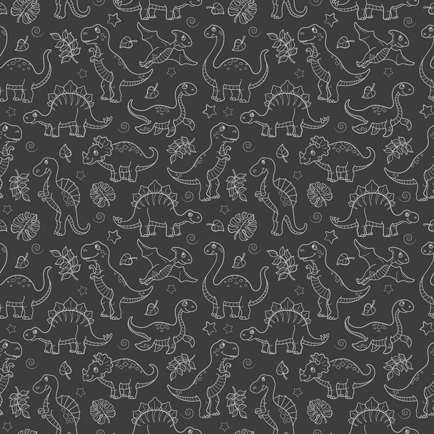 Seamless pattern with dinosaurs and leaves, light contoured animals on dark background - ベクター画像