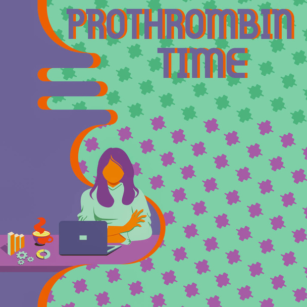Inspiráló szöveg Prothrombin Time. Internet Concept értékeli a képességét, hogy megfelelően vérrögök Nő Ülő Laptop használata Online Session Megvitatása Legújabb projektek. - Fotó, kép