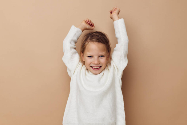 little girl joy posing emotions fashion isolated background - Foto, Imagem