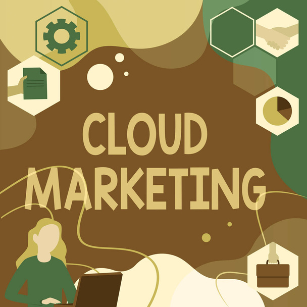 Υπογραφή εμφάνισης Cloud Marketing. Επιχειρηματική ιδέα Η διαδικασία ενός οργανισμού για την εμπορία των υπηρεσιών τους Γυναίκα Καινοτόμος σκέψη οδηγώντας ιδέες προς ένα σταθερό μέλλον. - Φωτογραφία, εικόνα