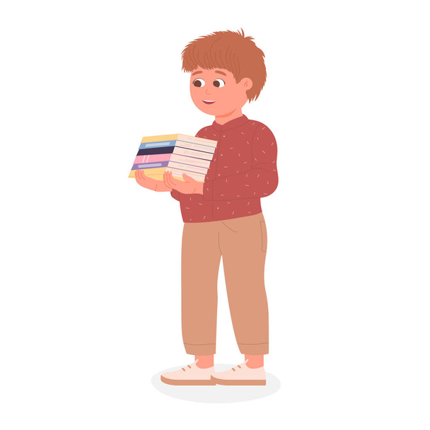 Aranyos mosolygós fiú kezében egy halom könyvet - Vektor, kép