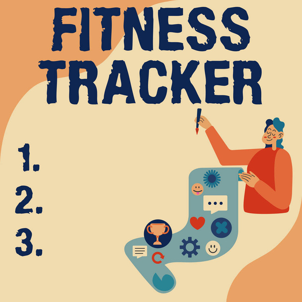 Inspiráció a Fitness Tracker jele. Üzleti koncepció eszköz, amely rögzíti a személyek napi fizikai aktivitás Lady bemutató papír Mutató neki eredmények Célok Projekt ötletek. - Fotó, kép