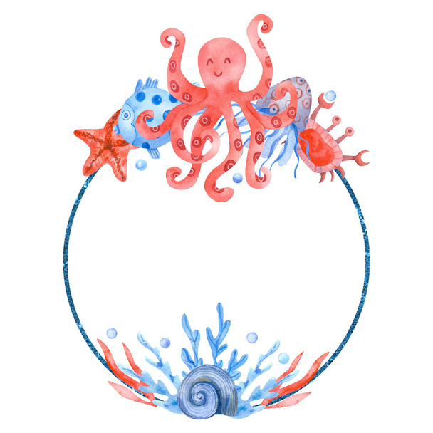 Watercolor hand painted round frame with colorful sea animals and seaweed isolated on white. Octopus, crab, starfish and fish. Ocean life sea animals illustration. Blue and coral colors. Kids design. - Fotó, kép