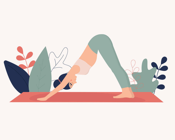 Жінка робить йогу в природі і йде. Концептуальна ілюстрація для занять з йоги
 - Вектор, зображення