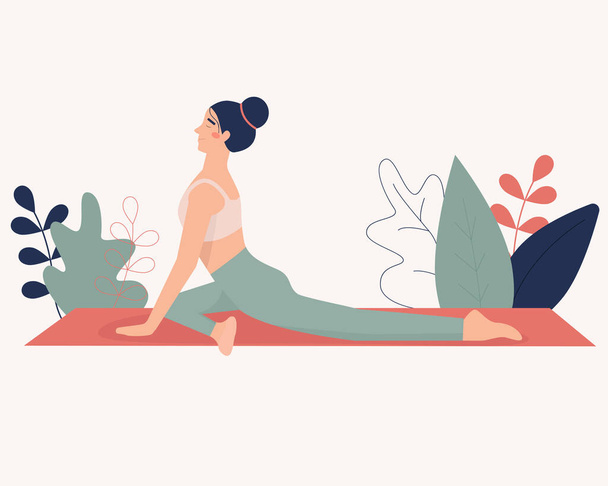 Жінка робить йогу в природі і йде. Концептуальна ілюстрація до йоги, медитації, відпочинку, асану, спорту
.  - Вектор, зображення