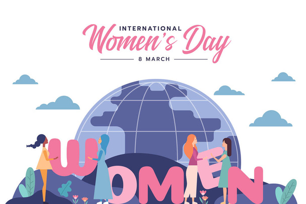 Día Internacional de la Mujer - un grupo diverso de mujeres que ayudan a poner las letras MUJERES en orden diseño de vectores - Vector, imagen
