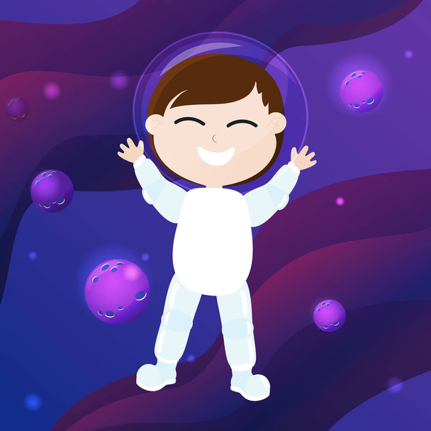 Un bambino carino e adorabile vestito da astronauta vola nello spazio. Spazio e pianeti in stile cartone animato. L'umore di gioia, divertimento, infanzia e sogni. - Vettoriali, immagini