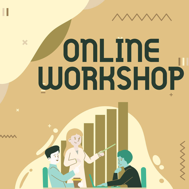 Text sign showing Online Workshop. Business idea shows of goods and commodities over the electronic websites Lady Drawing Explaining To Her Teammate Process Steps. - Photo, Image