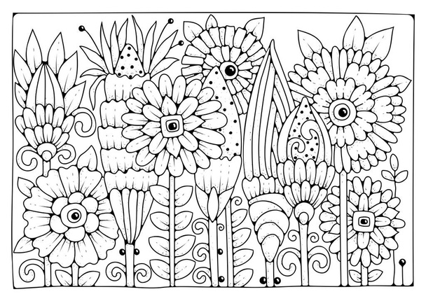 Fundo de flores Doodle para colorir. Desenho para colorir, terapia artística para crianças e adultos. Ilustração vetorial de linha de arte. - Vetor, Imagem