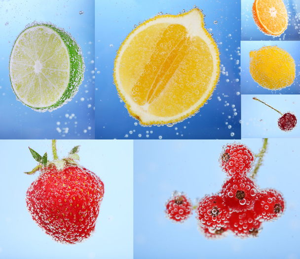Collage of fruit and berries in water with bubbles on blue background - Photo, Image
