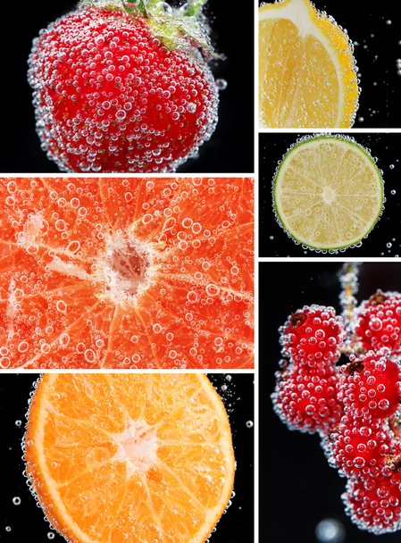 Колаж з фруктів і ягід у воді з бульбашками на чорному тлі
 - Фото, зображення