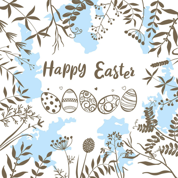 Feliz Pascua. Huevos de Pascua y una inscripción de felicitación contra el cielo y las hierbas silvestres. - Vector, imagen