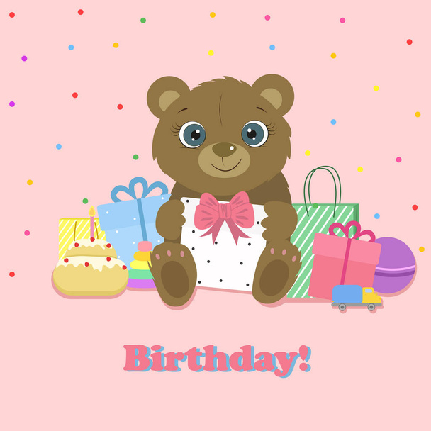 Happy Birthday greeting card with cute bear. Cute teddy bear. I Love you. Miss you. Vector illustration. - Vector, Imagen