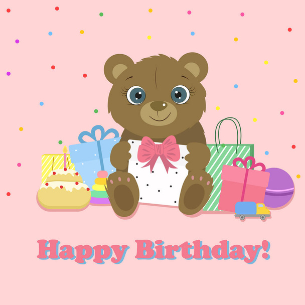 Happy Birthday greeting card with cute bear. Cute teddy bear. I Love you. Miss you. Vector illustration. - Вектор, зображення