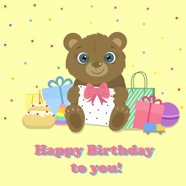 Happy Birthday greeting card with cute bear. Cute teddy bear. I Love you. Miss you. Vector illustration. - Vector, imagen