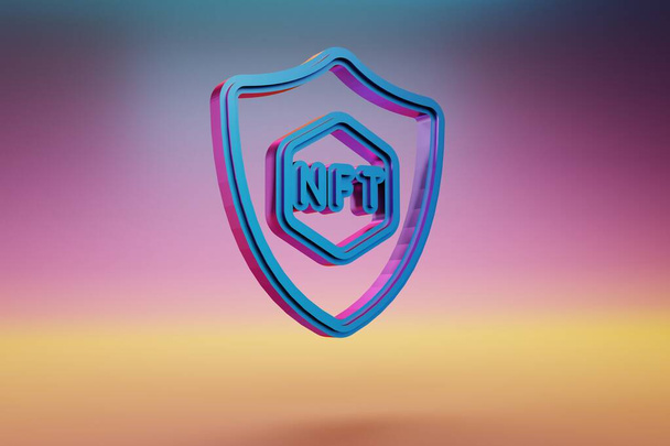 Ikona bezpieczeństwa NFT. Piękne ikony symbolu Blue NFT Security na wielokolorowym jasnym tle. Ilustracja 3D renderowania. Wzór tła dla projektu. - Zdjęcie, obraz