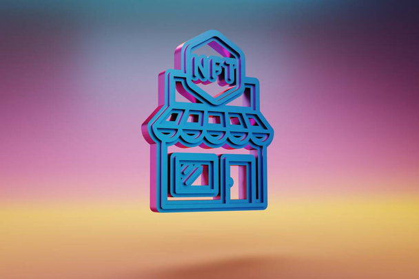 Icono de NFT Store. Hermoso azul NFT iconos de símbolo de la tienda sobre fondo brillante multicolor. Ilustración de representación 3d. Patrón de fondo para el diseño. - Foto, imagen