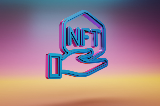 Иконка NFT Hand. Символ NFT - синий на разноцветном ярком фоне. 3d визуализация иллюстрации. Фоновый рисунок для дизайна. - Фото, изображение