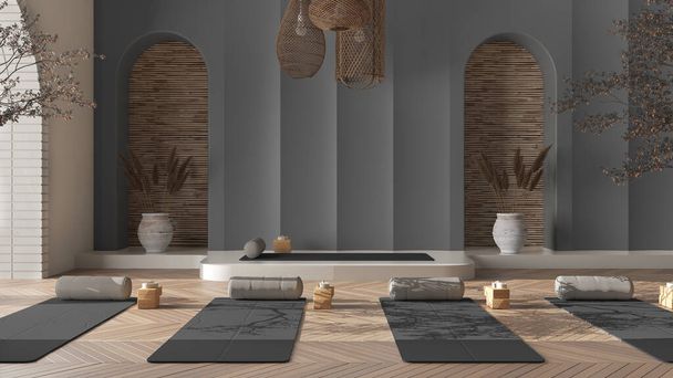 Estúdio de ioga vazio design de interiores em tons de cinza, espaço ocidental japonês, parquet, vasos de árvores, lâmpada, paredes moldadas, tapetes, travesseiros e acessórios. Pronto para a prática, meditação - Foto, Imagem