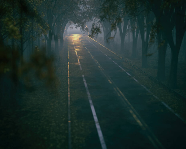 Strada nebbiosa vuota in una foresta autunnale che conduce ad un tunnel. Vista ad angolo alto. Rendering 3D. - Foto, immagini