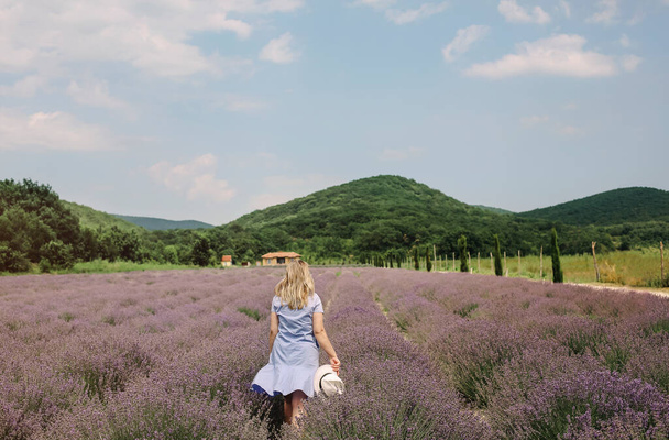 Rear view of woman in dress and white hat standing in middle of lavender field, relaxing on wooden chair and enjoying amazing picturesque view, green hills in distant background. Recreation concept - Zdjęcie, obraz