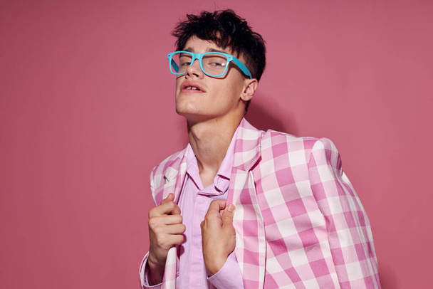 Photo of romantic young boyfriend plaid blazer fashion modern style glasses Lifestyle unaltered - Foto, Imagem