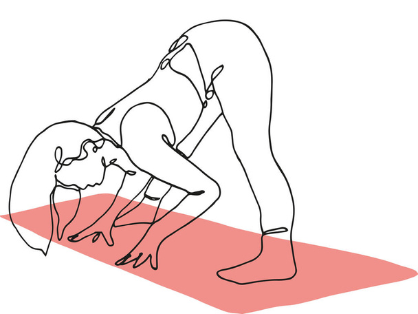 woman in wide-legged fold yoga figure drawn in single black line and color block mat - Photo, Image