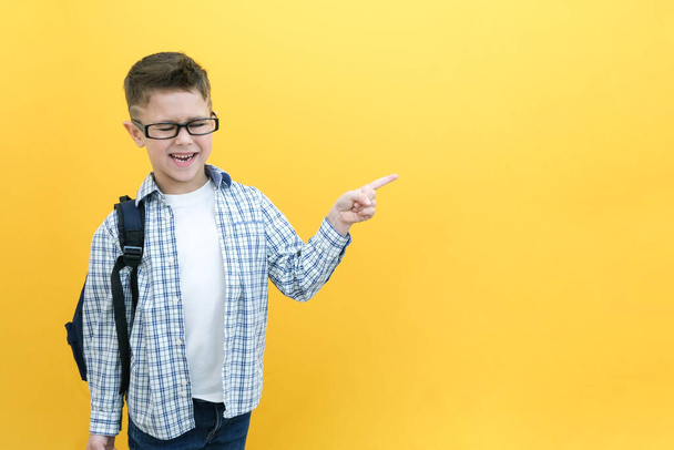 cheerful, happy child points up, copy space for text. Smiling, enthusiastic schoolboy in a plaid shirt showing off. Advertising concept. - Zdjęcie, obraz