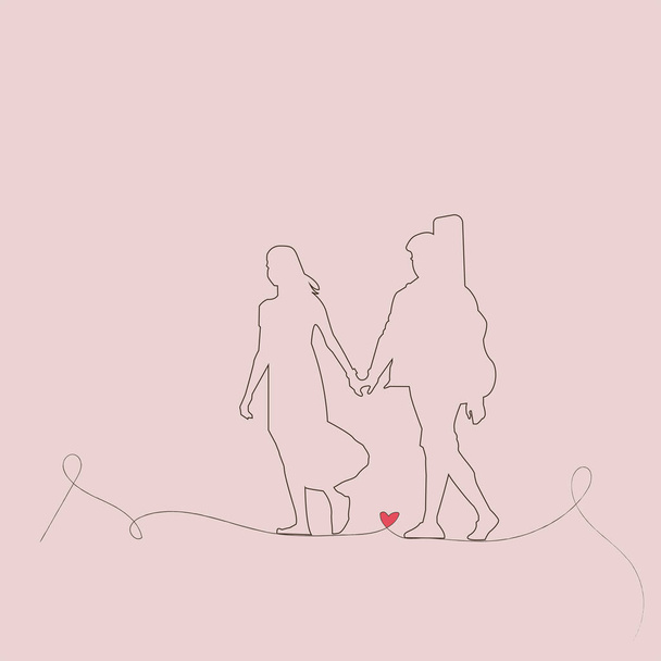 Una pareja enamorada camina por un sendero. Lineart para el Día de San Valentín. El tipo sostiene su amada mano. - Vector, imagen
