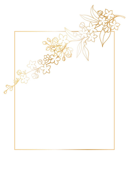 Decorative template with a rectangular frame with a bouquet of blooming branches of spring flowers for holiday design cards, congratulations, flyers, letterheads. Freehand drawing, golden gradient. - ベクター画像
