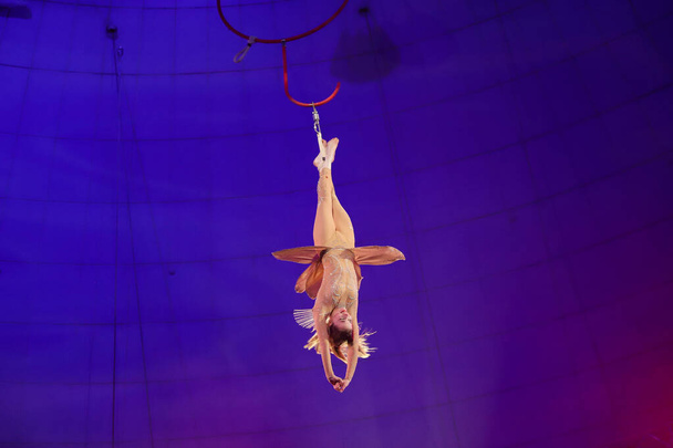 Minsk, Belarus - December 30, 2021: Aerial gymnast with a circus number. Gymnast Anastasia Donchenko - Фото, изображение