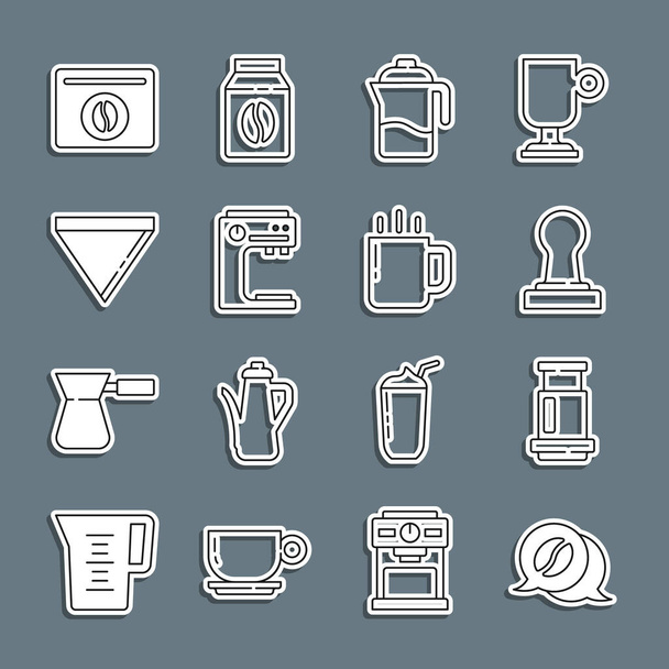 Set line Coffee and conversation, Aeropress coffee, tamper, French, machine, paper filter, Bag beans and cup icon. Vector - Vector, Image