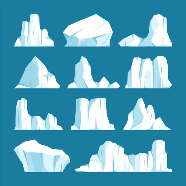 Floating icebergs collection. Drifting arctic glacier, block of frozen ocean water. Icy mountains with snow. Melting ice peak. Antarctic snowy landscape. South and North Pole. Vector illustration. - Vector, Image