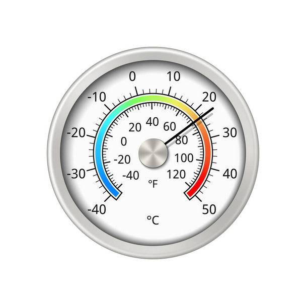 Круглый термометр с цветовой гаммой на белом фоне. Температура в Цельсии и Фаренгейте. Векторная иллюстрация. - Вектор,изображение