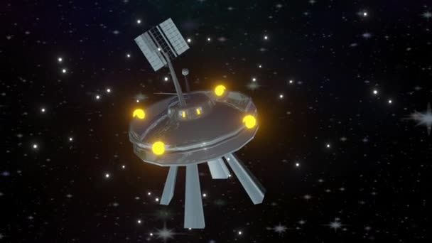 Egy földönkívüli civilizáció űrhajója véletlenszerűen mozog az űr környezetében. Egy antennával ellátott lemezobjektumon véletlenszerűen többszínű fények vannak bekapcsolva. - Felvétel, videó