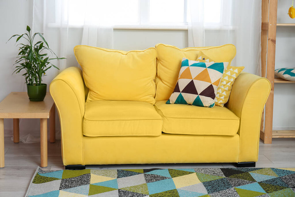 Comodo divano e tavolo con pianta d'appartamento in eleganti interni del soggiorno - Foto, immagini