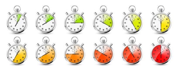 Realistyczne klasyczne ikony stopera. Błyszczący metalowy chronometr, licznik czasu z tarczą. Czerwony licznik pokazuje minuty i sekundy. Pomiar czasu dla sportu, start i meta. Ilustracja wektora - Wektor, obraz