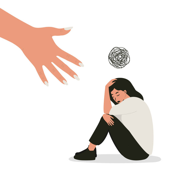 Vector illustratie van een hand helpt bij het helpen van een depressieve vrouw. Het concept van psychologische ondersteuning voor mensen onder stress en apathie. - Vector, afbeelding