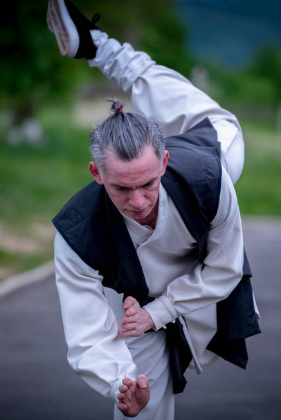 Kung Fu training. Portrait of man performs daily physical exercises. - Photo, Image