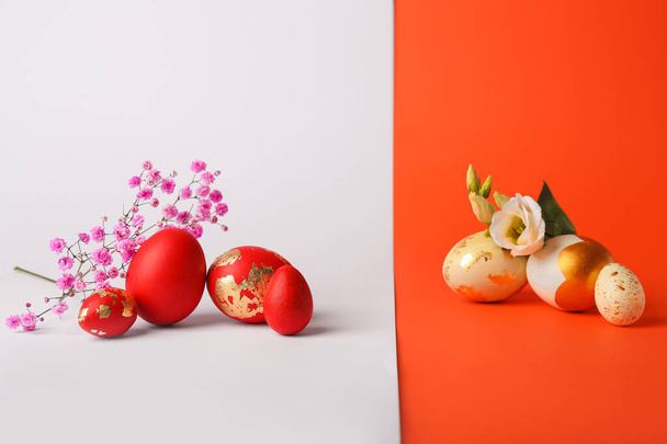 Πασχαλινά αυγά και λουλούδια στο φόντο χρώμα - Φωτογραφία, εικόνα