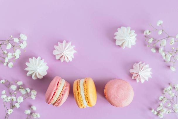 Tasty french macaroons with tender flowers on a violet pastel background.  Place for text. - Fotoğraf, Görsel