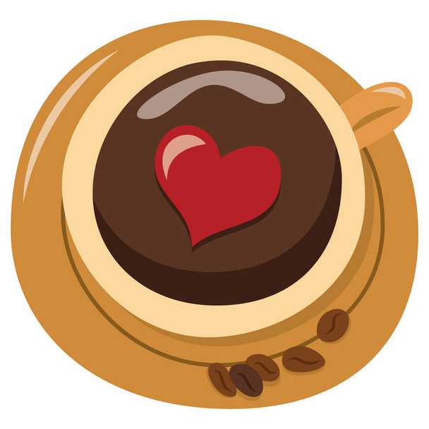 A cartoon vector illustration of a caramel coffee cup with heart decoration. - Διάνυσμα, εικόνα
