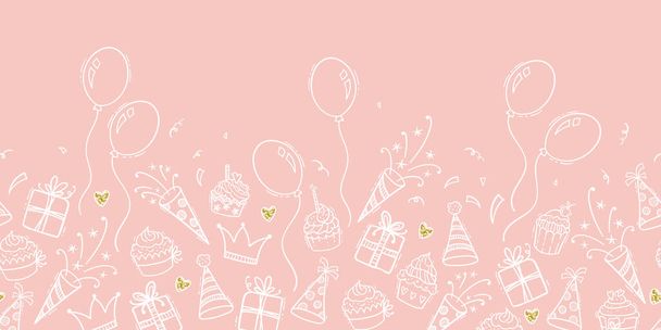 Fun hand drawn party seamless background with cakes, gift boxes, balloons and party decoration. Great for birthday parties, textiles, banners, wallpapers, wrapping - vector design - Vector, imagen