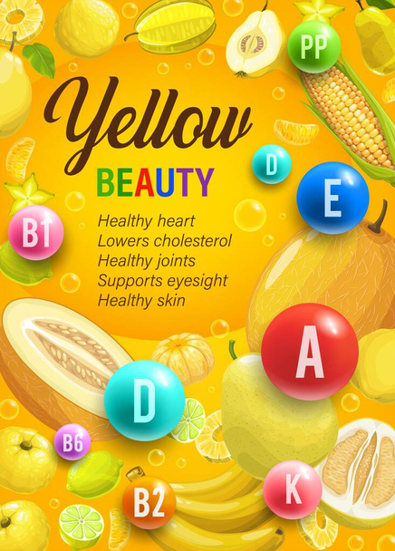 Цветная радуга диета желтый день питания и поливитамины. Цветовая диета, программа питания здоровья векторный вертикальный плакат с мультяшными желтыми овощами, свежими тропическими фруктами и спелыми злаками - Вектор,изображение