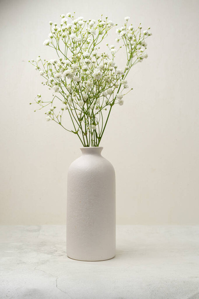 Gypsophila. Közeleg a tavasz. Virágok és cukorkák. Modern kerámia váza cigányokkal.Skandináv belső tér. - Fotó, kép