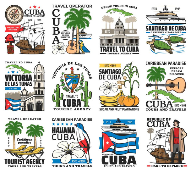 Куба, Гавана путешествия тор и туристические достопримечательности, Карибский пляж курорта векторные иконы. Эмблемы туристических агентств с экскурсиями, историей, традициями и культурой острова Куба - Вектор,изображение
