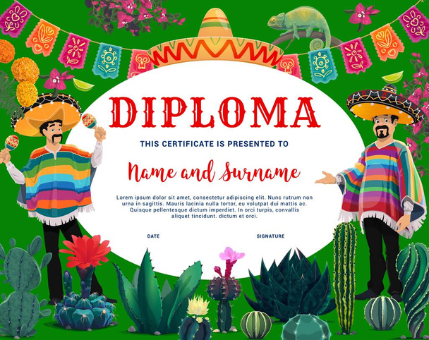 Παιδικό δίπλωμα με καρτούν Μεξικού, κάκτους, σημαίες και λουλούδια διάνυσμα πλαίσιο φόντου. Δίπλωμα αποφοίτησης νηπιαγωγείου ή σχολείου, πιστοποιητικό επιτευγμάτων με καπέλα σομπρέρο, μαράκες - Διάνυσμα, εικόνα